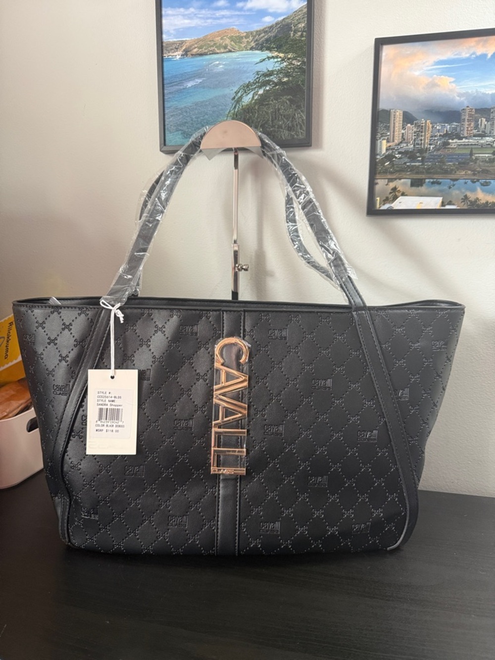 Cavalli Class NWT Black Sandra Shopper Tote Bag